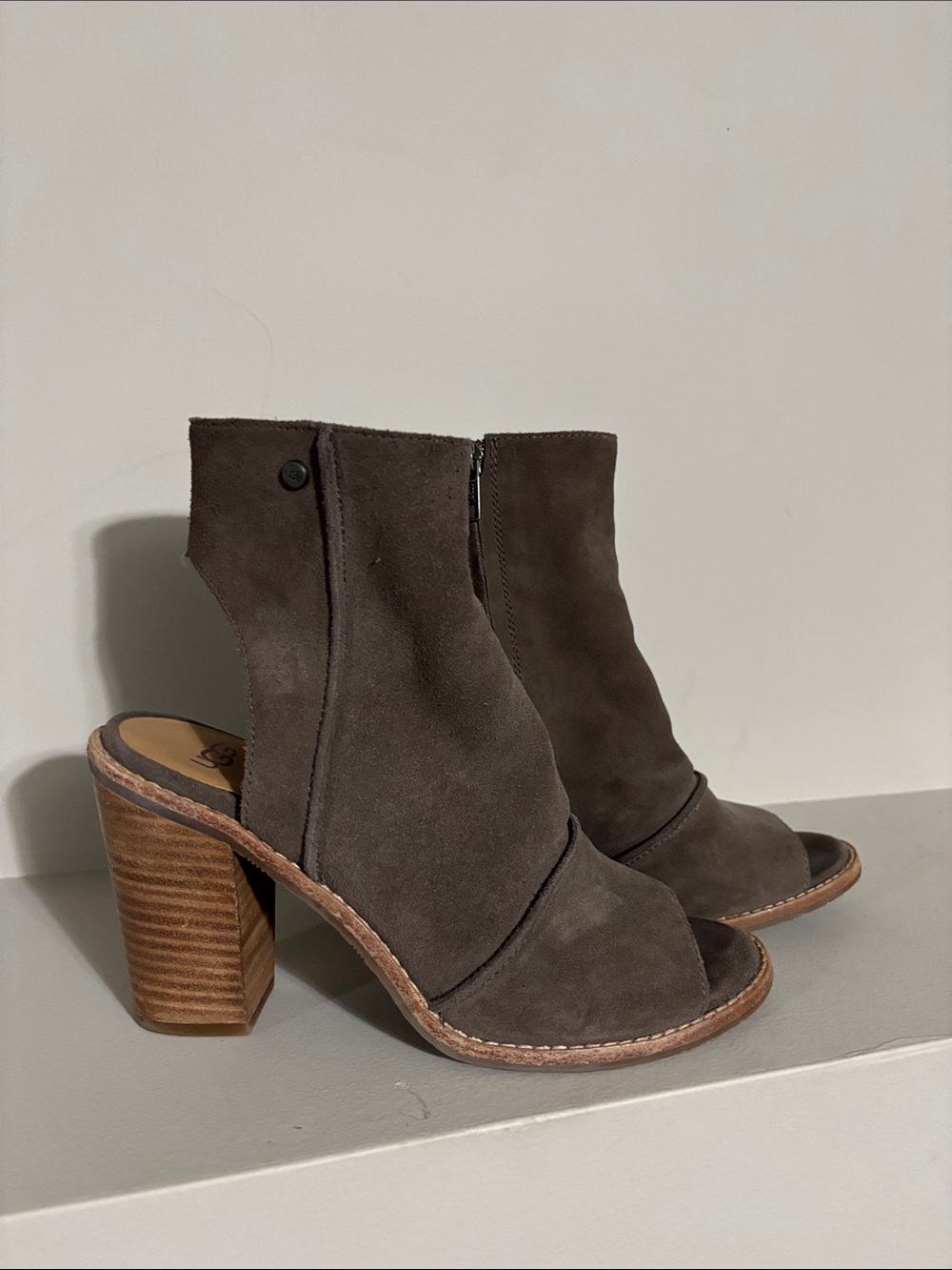 UGG Dark Taupe Suede Peep-Toe Block Heel Booties